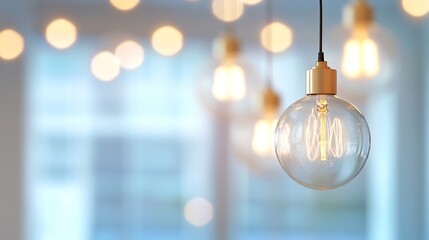 Aufkleber - Stylish hanging light bulb with warm glow surrounded by blurred background creating a cozy atmosphere : Generative AI