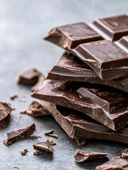 Aufkleber - Delicious dark chocolate bars stacked on a flat surface with crumbs scattered around : Generative AI
