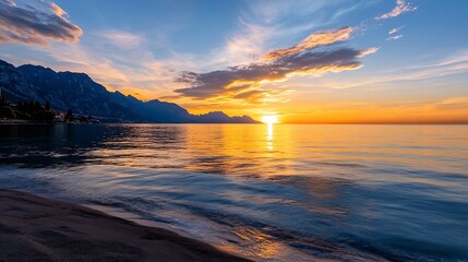 Wall Mural - Breathtaking Sunset Over Calm Waters with Vibrant Colors Reflected in the Sky : Generative AI