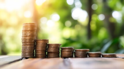 Aufkleber - Stack of coins arranged in ascending order on a rustic wooden surface with blurred nature background : Generative AI