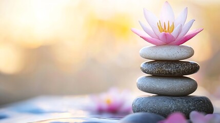 Poster - Balanced Zen Stones with Pink Water Lily Symbolizing Peace and Harmony : Generative AI