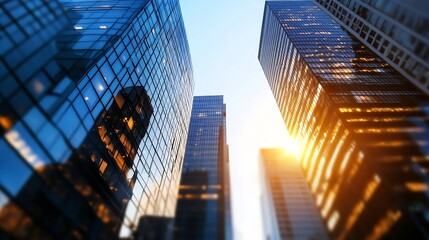 Poster - Skyscrapers reaching for the sky with reflections at sunset in a bustling city : Generative AI