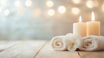 Aufkleber - Elegant arrangement of soft towels and lit candles with a delicate orchid flower on rustic wooden surface : Generative AI