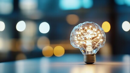 Poster - Creative light bulb shaped like a human brain illuminating on a table surface : Generative AI