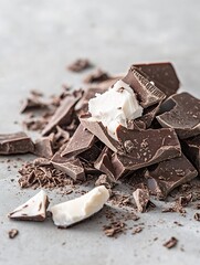 Aufkleber - Rich dark chocolate and white chocolate pieces scattered on a light grey surface : Generative AI