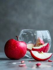 Poster - Fresh red apples arranged with a halfeaten one inside a clear glass bowl on a gray kitchen surface : Generative AI