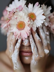 Poster - Portrait of a person with floral headpiece covered in white powder creating an artistic and emotive image : Generative AI