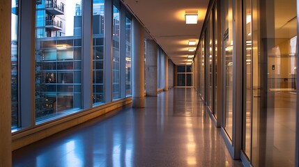 Aufkleber - Modern urban hallway with glass walls reflecting city lights at twilight : Generative AI