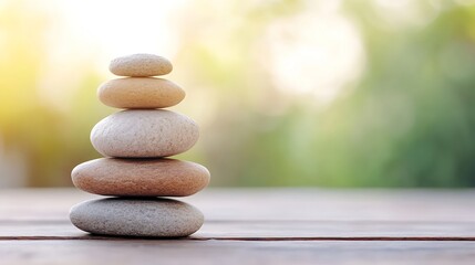 Fototapete - Beautifully arranged smooth pebbles forming a decorative stack against a blurred background : Generative AI