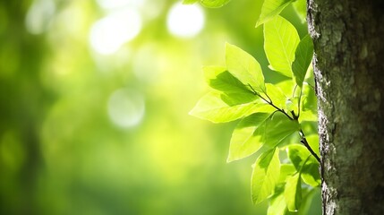 Poster - Vibrant green leaves on a tree trunk with soft natural light shining through creating a serene atmosphere : Generative AI