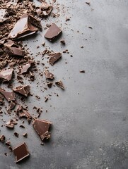 Aufkleber - Chunks of broken dark chocolate scattered on a gray stone surface creating a tempting treat : Generative AI