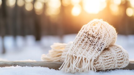 Poster - Cozy knitted scarf lays on wooden logs in fresh snow winter light : Generative AI