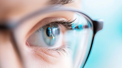 Poster - Close up of a human eye with glasses highlighting detailed eyelashes and reflections in the iris : Generative AI