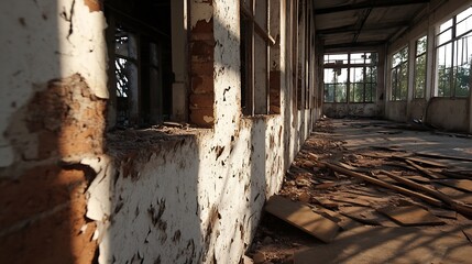 Aufkleber - Abandoned Industrial Building Interior with Cracked Walls and Dusty Floor : Generative AI