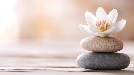 Poster - Elegant stack of stones with a white lotus flower symbolizing harmony and tranquility in a serene environment : Generative AI