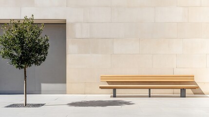 Poster - Serene Urban Landscape Featuring a Tree and Wooden Bench Against a Neutral Wall : Generative AI