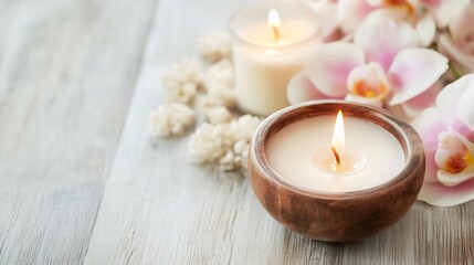 Poster - Burning Scented Candles Surrounded by Delicate Pink Orchids on a Wooden Surface : Generative AI
