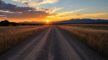 Aufkleber - Scenic view of a dirt road leading towards the horizon under a colorful sunset sky with warm golden tones : Generative AI
