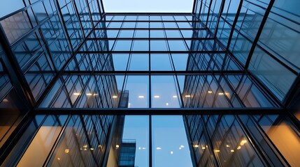 Aufkleber - Captivating view of contemporary glass architecture showcasing reflections during dusk hours : Generative AI