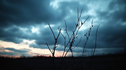 Aufkleber - Silhouette of dry branches against a dramatic cloudy sky at twilight : Generative AI
