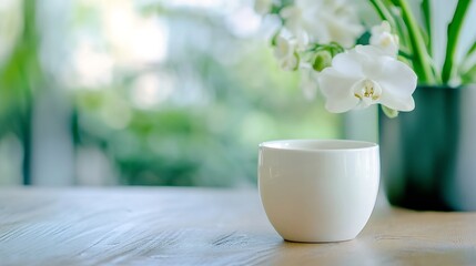 Wall Mural - Elegant white ceramic cup placed on a wooden table beside blooming orchid flowers in a soothing natural setting : Generative AI