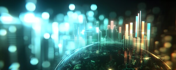 Digital globe with data charts and bokeh lights around it