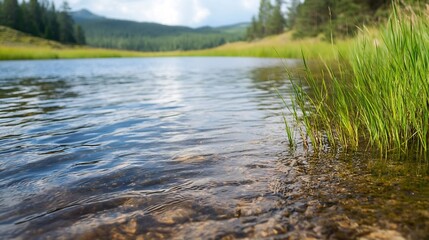 Fototapete - Serene Water View with Vibrant Green Grass in a Calm Nature Setting : Generative AI