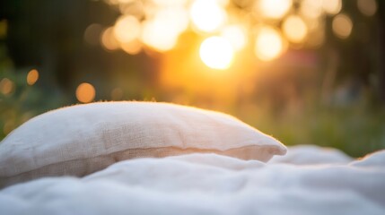 Aufkleber - Comfortable outdoor pillow resting on grass during sunset evoking peaceful warm feelings : Generative AI