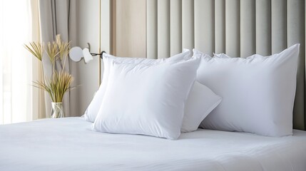 Wall Mural - Elegant and Cozy White Pillows on a Modern Bed in a Bright Room with Natural Light : Generative AI