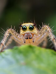 Wall Mural - macro image of a fascinating spider with striking green eyes and fine hair details : generative ai