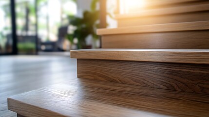 Leinwandbilder - Close up view of wooden stairs in a modern interior design setting with soft lighting : Generative AI