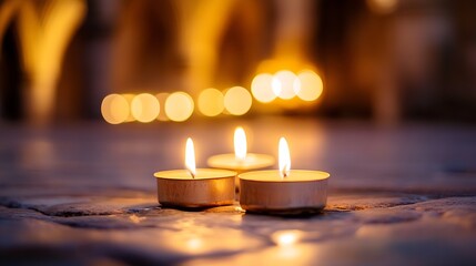 Leinwandbilder - Tranquil arrangement of three lit candles casting a warm glow against a softly blurred atmospheric background : Generative AI