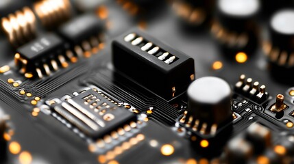 Poster - Close Up of a Modern Computer Circuit Board with Electronic Components : Generative AI