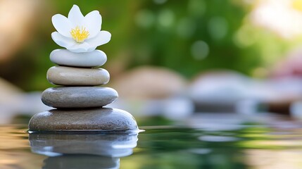 Poster - Zen Stone Stack with White Flower Floating on Calm Water for Tranquil Vibes : Generative AI