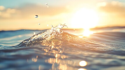 Fototapete - Dazzling Sunlight Shining on Gentle Ocean Waves with Droplets Sparkling in the Air : Generative AI