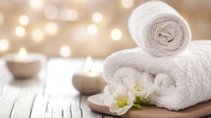Aufkleber - Calming Spa Scene with Soft White Towels and Candles for Relaxation and Serenity : Generative AI