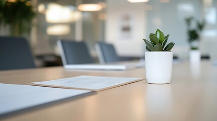 Poster - Minimalist Office Desk with Potted Plant and Blank Paper on Table in Contemporary Workspace : Generative AI