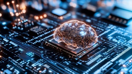 Poster - Futuristic Digital Representation Of A Brain With Flowing Data On A Circuit Board Symbolizing Artificial Intelligence : Generative AI