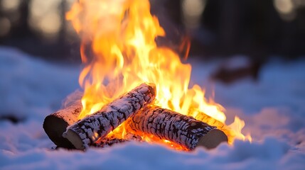 Aufkleber - Campfire Flames with Logs and Snow Background Perfect for Winter and Cozy Themes : Generative AI