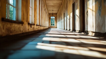 Leinwandbilder - Bright and Inviting Abandoned Hallway Bathed in Natural Light with Long Shadows : Generative AI