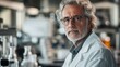 © Sirat - Senior Scientist in Laboratory Conducting Research with Glassware, Wearing Glasses, White Lab Coat, and Gray Hair in Modern Scientific Environment