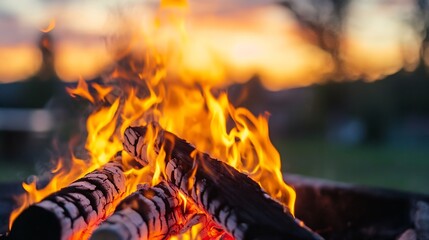 Fototapete - A bright and fiery campfire burning in the evening showcasing the warmth and comfort of outdoor gatherings : Generative AI