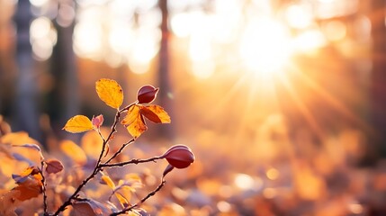 Poster - Golden Autumn Leaves with Sunlight Streaming Through the Trees in a Lush Forest : Generative AI