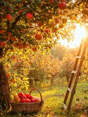 apple orchard harvest scene: a sun-drenched apple orchard at harvest time, laden with ripe red apple