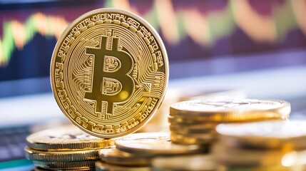 Leinwandbilder - Golden Bitcoin coin displayed among stacks of coins symbolizing cryptocurrency market trends and investment : Generative AI