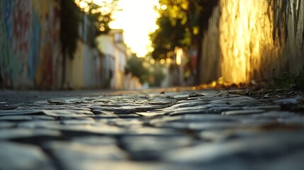 Aufkleber - Charming Cobblestone Alleyway Bathed in Golden Sunset Light and Nature Vibes : Generative AI