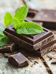 Aufkleber - Delicious dark chocolate pieces with fresh mint leaves on rustic wooden surface : Generative AI