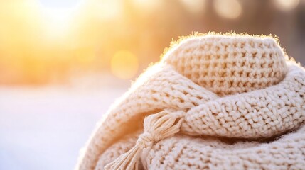 Poster - Soft fluffy cream scarf draped elegantly with sunlight background during winter season : Generative AI