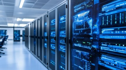 Fototapete - High-tech data center with rows of servers and glowing blue lights in modern facility : Generative AI