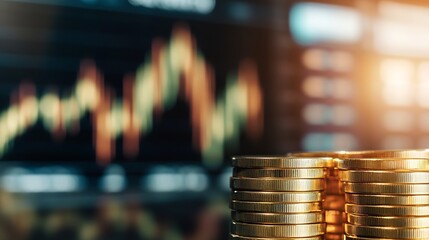 Poster - Stack of Gold Coins with Financial Charts in the Background Highlighting Economic Growth : Generative AI